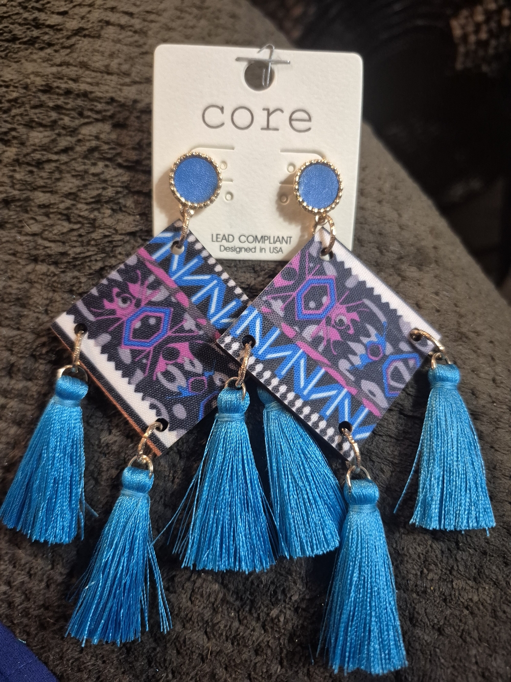 Core Bright Blue Tassel Earrings - Aztec Pattern